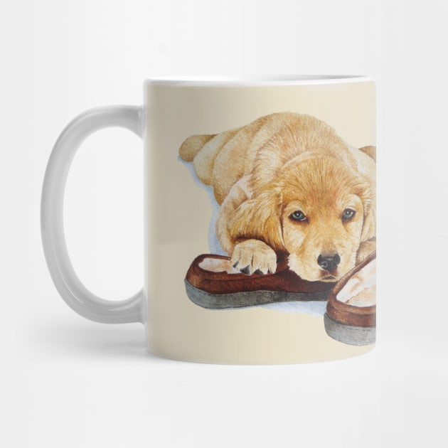 cute puppy golden retriever cuddling slippers by pollywolly